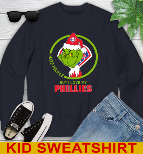 Philadelphia Phillies MLB Christmas Grinch I Hate People But I Love My Favorite Baseball Team Youth Sweatshirt 3