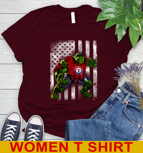 Texas Rangers Hulk Marvel Avengers MLB Baseball American Flag Women's T-Shirt 6