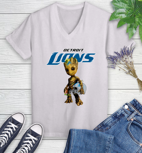Detroit Lions NFL Football Groot Marvel Guardians Of The Galaxy Women's V-Neck T-Shirt