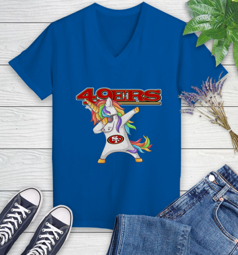 San Francisco 49ers NFL Football Funny Unicorn Dabbing Sports Women's V-Neck T-Shirt 10