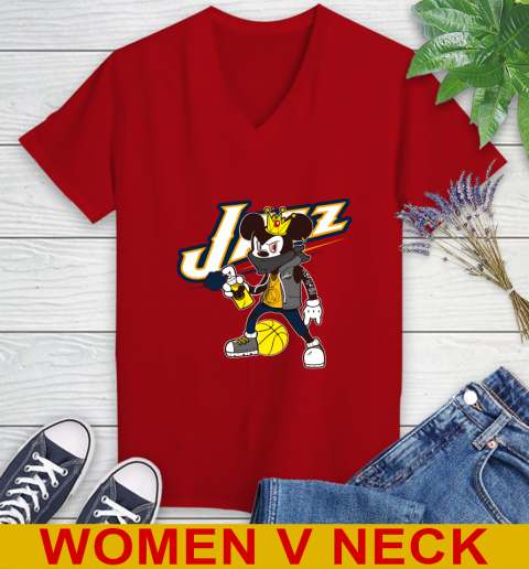 Utah Jazz NBA Basketball Mickey Peace Sign Sports Women's V-Neck T-Shirt 12