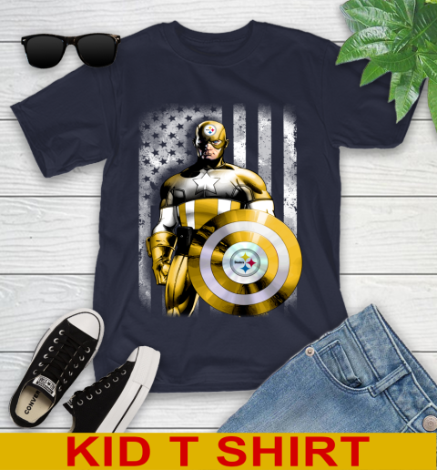 Pittsburgh Steelers NFL Football Captain America Marvel Avengers American Flag Shirt Youth T-Shirt 2