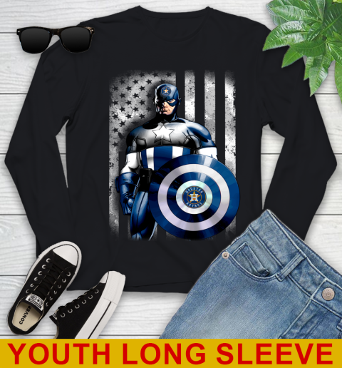 Houston Astros MLB Baseball Captain America Marvel Avengers American Flag Shirt Youth Long Sleeve