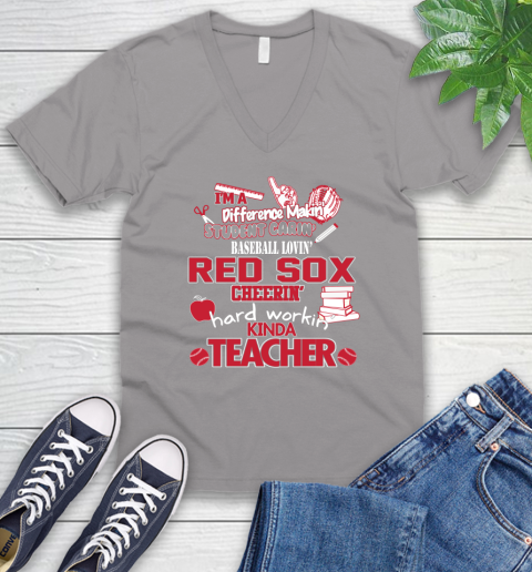 Boston Red Sox MLB I'm A Difference Making Student Caring Baseball Loving Kinda Teacher V-Neck T-Shirt - Image 4