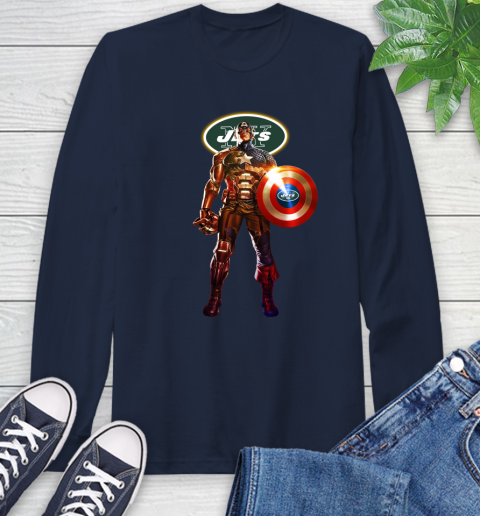 NFL Captain America Marvel Avengers Endgame Football Sports New York Jets Long Sleeve T-Shirt 4