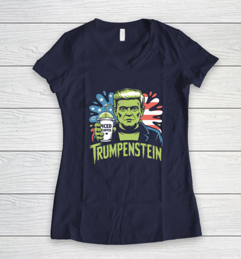 Trumpenstein Funny Iced Coffee Drink Halloween 4th of July USA Flag Women's V-Neck T-Shirt 7