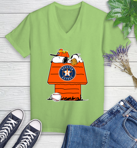 MLB Houston Astros Snoopy Woodstock The Peanuts Movie Baseball T Shirt Women's V-Neck T-Shirt 11