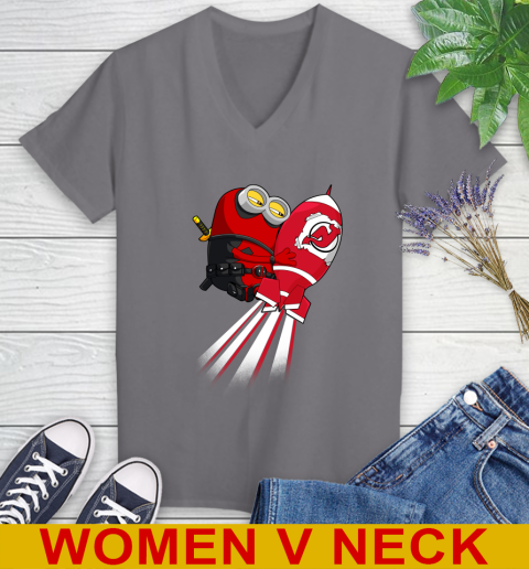 NHL Hockey New Jersey Devils Deadpool Minion Marvel Shirt Women's V-Neck T-Shirt 11