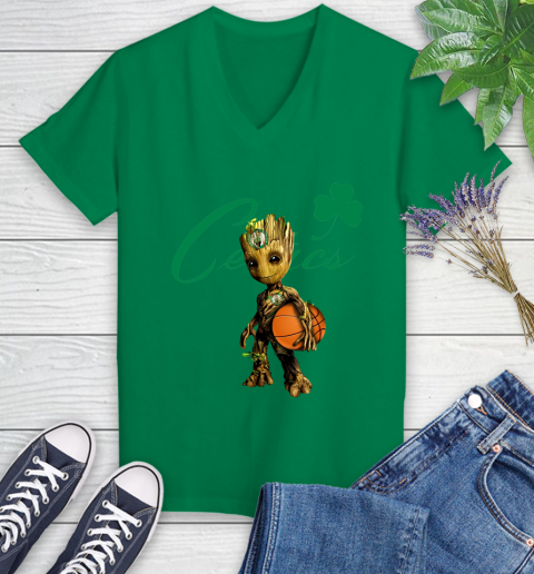 Boston Celtics NBA Basketball Groot Marvel Guardians Of The Galaxy Women's V-Neck T-Shirt 5