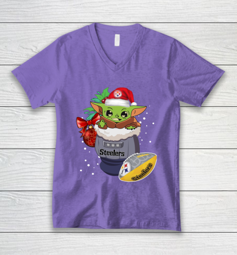 Pittsburgh Steelers Christmas Baby Yoda Star Wars Funny Happy NFL V-Neck T-Shirt 9