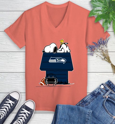 Seattle Seahawks NFL Football Snoopy Woodstock The Peanuts Movie Women's V-Neck T-Shirt 6