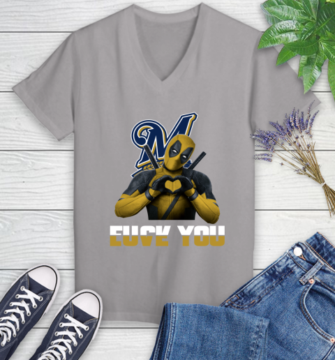 MLB Milwaukee Brewers Deadpool Love You Fuck You Baseball Sports Women's V-Neck T-Shirt 4