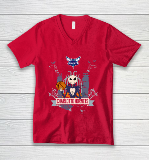 NBA Charlotte Hornets Basketball Jack Skellington Halloween V-Neck T-Shirt 6