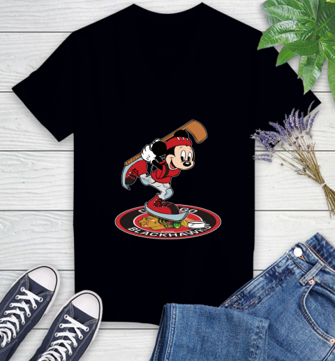 NHL Hockey Chicago Blackhawks Cheerful Mickey Disney Shirt Women's V-Neck T-Shirt