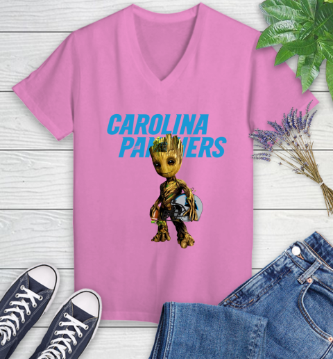 Carolina Panthers NFL Football Groot Marvel Guardians Of The Galaxy Women's V-Neck T-Shirt 14