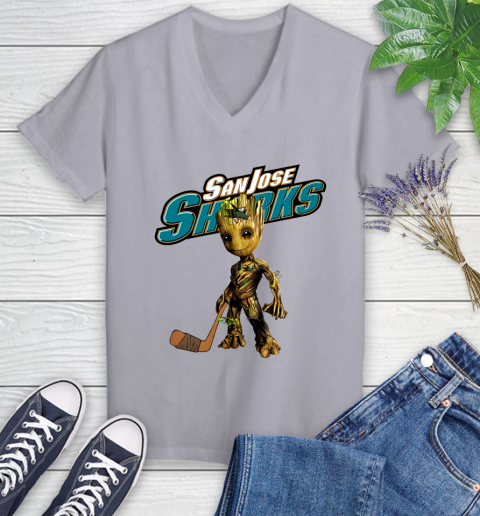 San Jose Sharks NHL Hockey Groot Marvel Guardians Of The Galaxy Women's V-Neck T-Shirt 4