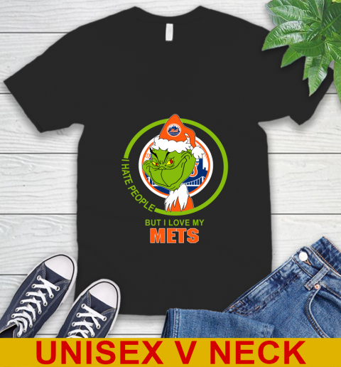 New York Mets MLB Christmas Grinch I Hate People But I Love My Favorite Baseball Team V-Neck T-Shirt 2