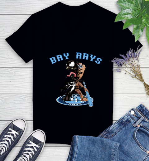 MLB Tampa Bay Rays Baseball Venom Groot Guardians Of The Galaxy Women's V-Neck T-Shirt 2