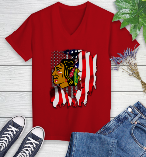 Chicago Blackhawks NHL Hockey American Flag Women's V-Neck T-Shirt 11