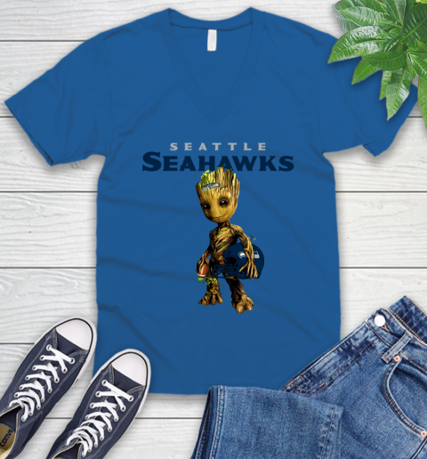Seattle Seahawks NFL Football Groot Marvel Guardians Of The Galaxy V-Neck T-Shirt 6