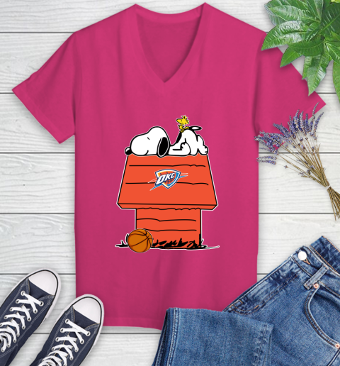 Oklahoma City Thunder NBA Basketball Snoopy Woodstock The Peanuts Movie Women's V-Neck T-Shirt 9