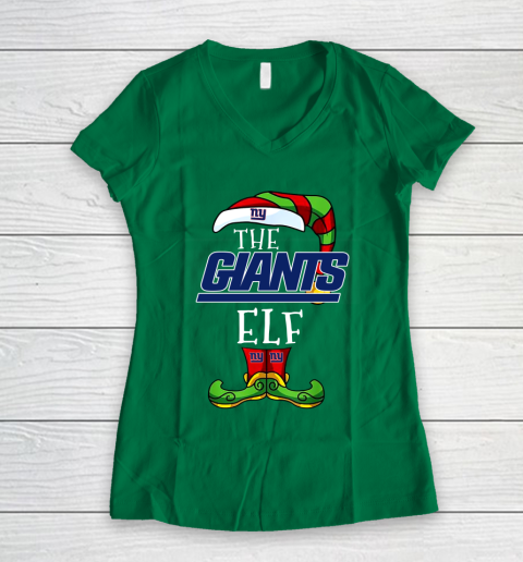 New York Giants Christmas ELF Funny NFL Women's V-Neck T-Shirt 3