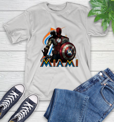 MLB Captain America Thor Spider Man Hawkeye Avengers Endgame Baseball Miami Marlins T-Shirt
