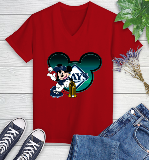 MLB Tampa Bay Rays The Commissioner's Trophy Mickey Mouse Disney Women's V-Neck T-Shirt 12