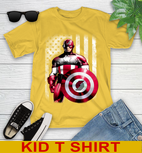 Portland Trail Blazers NBA Basketball Captain America Marvel Avengers American Flag Shirt Youth T-Shirt 9