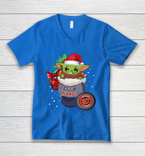 Calgary Flames Christmas Baby Yoda Star Wars Funny Happy NHL V-Neck T-Shirt 6