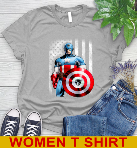 Brooklyn Nets NBA Basketball Captain America Marvel Avengers American Flag Shirt Women's T-Shirt 5