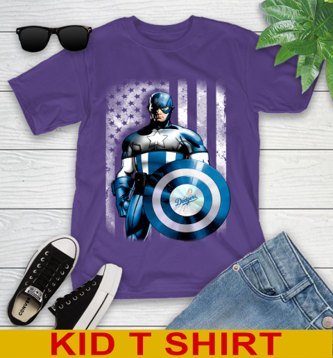 Los Angeles Dodgers MLB Baseball Captain America Marvel Avengers American Flag Shirt Youth T-Shirt 3