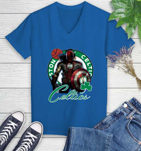 Boston Celtics NBA Basketball Captain America Thor Spider Man Hawkeye Avengers Women's V-Neck T-Shirt 10