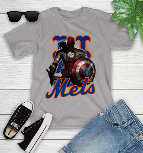MLB Captain America Thor Spider Man Hawkeye Avengers Endgame Baseball New York Mets Youth T-Shirt 4