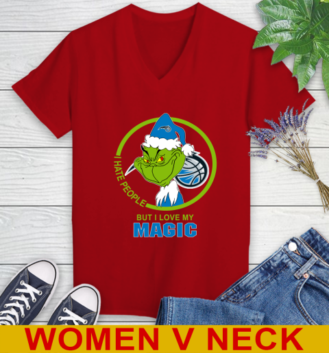 Orlando Magic NBA Christmas Grinch I Hate People But I Love My Favorite Basketball Team Women's V-Neck T-Shirt 12