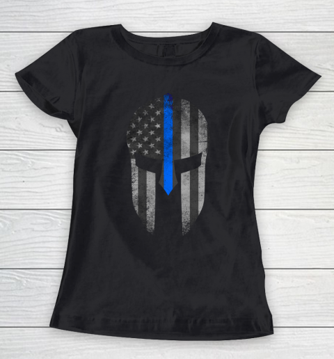 Thin Blue Line American Flag Spartan Helm Women's T-Shirt