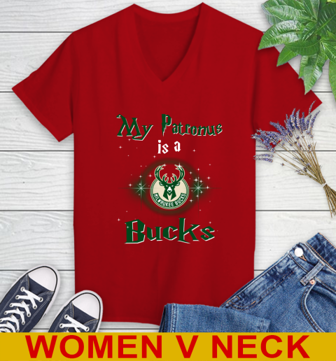 NBA Basketball Harry Potter My Patronus Is A Milwaukee Bucks Women's V-Neck T-Shirt 10