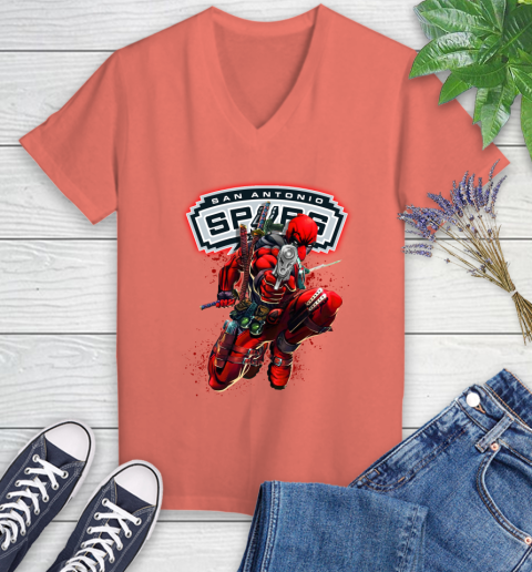 NBA Deadpool Marvel Comics Sports Basketball San Antonio Spurs Women's V-Neck T-Shirt 6
