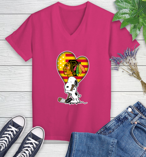 Chicago Blackhawks NHL Hockey The Peanuts Movie Adorable Snoopy Women's V-Neck T-Shirt 9