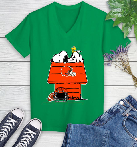 Cleveland Browns NFL Football Snoopy Woodstock The Peanuts Movie Women's V-Neck T-Shirt 5