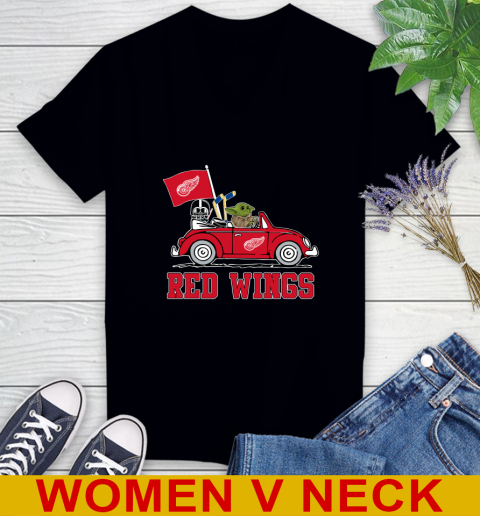 NHL Hockey Detroit Red Wings Darth Vader Baby Yoda Driving Star Wars Shirt Women's V-Neck T-Shirt 3 NHL Hockey Detroit Red Wings Darth Vader Baby Yoda Driving Star Wars Shirt Women's V-Neck T-Shirt - Image 3