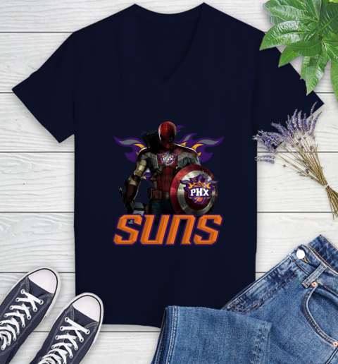Phoenix Suns NBA Basketball Captain America Thor Spider Man Hawkeye Avengers Women's V-Neck T-Shirt 3
