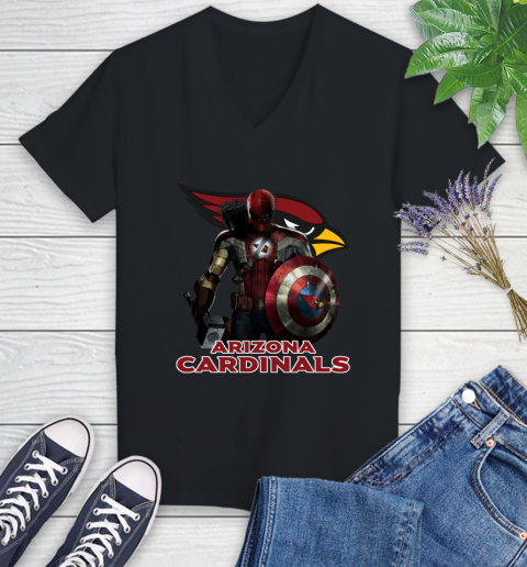 NFL Captain America Thor Spider Man Hawkeye Avengers Endgame Football Arizona Cardinals Women's V-Neck T-Shirt 2