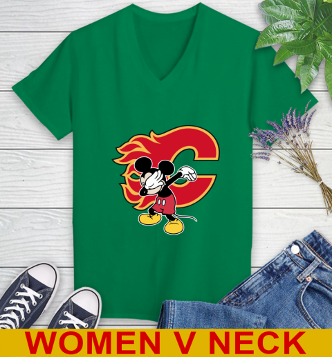 Calgary Flames NHL Hockey Dabbing Mickey Disney Sports Women's V-Neck T-Shirt 6