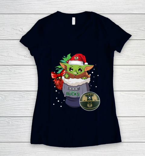 Milwaukee Bucks Christmas Baby Yoda Star Wars Funny Happy NBA Women's V-Neck T-Shirt 3