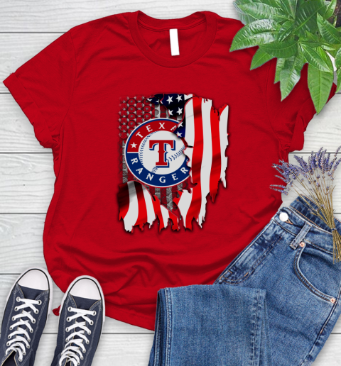 Texas Rangers MLB Baseball American Flag Women's T-Shirt 13