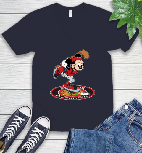 NHL Hockey Chicago Blackhawks Cheerful Mickey Disney Shirt V-Neck T-Shirt 3