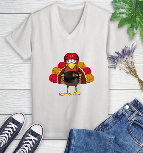 Chicago Blackhawks Turkey Thanksgiving Day Women's V-Neck T-Shirt
