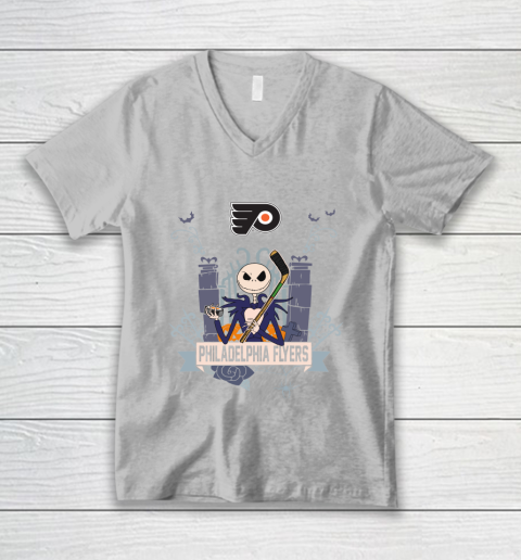 NHL Philadelphia Flyers Hockey Jack Skellington Halloween V-Neck T-Shirt 3