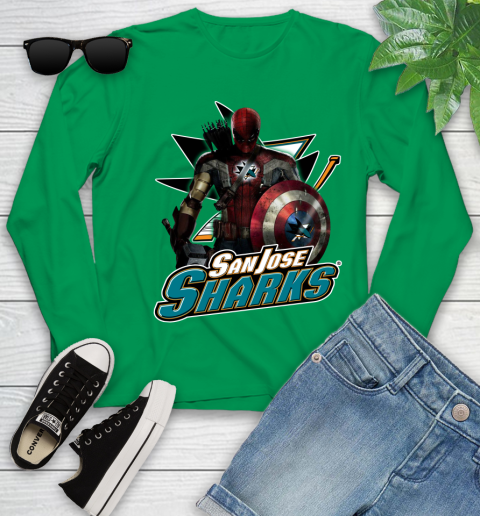 NHL Captain America Thor Spider Man Hawkeye Avengers Endgame Hockey San Jose Sharks Youth Long Sleeve 6